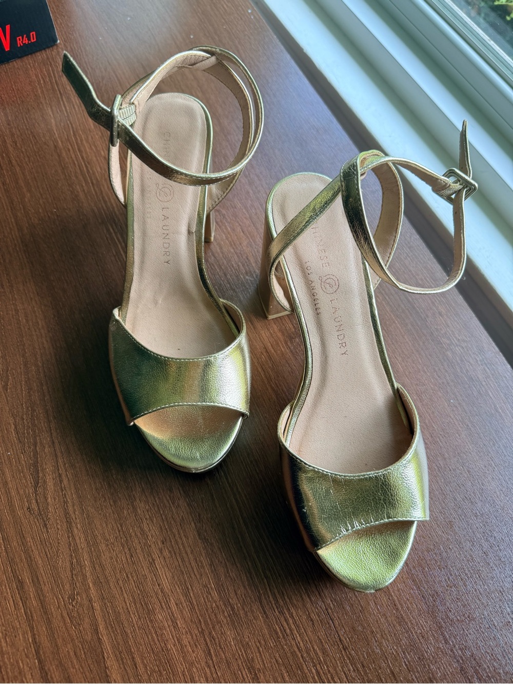 Chinese Laundry Gold Metallic Open-Toe Ankle-Strap Block Heels